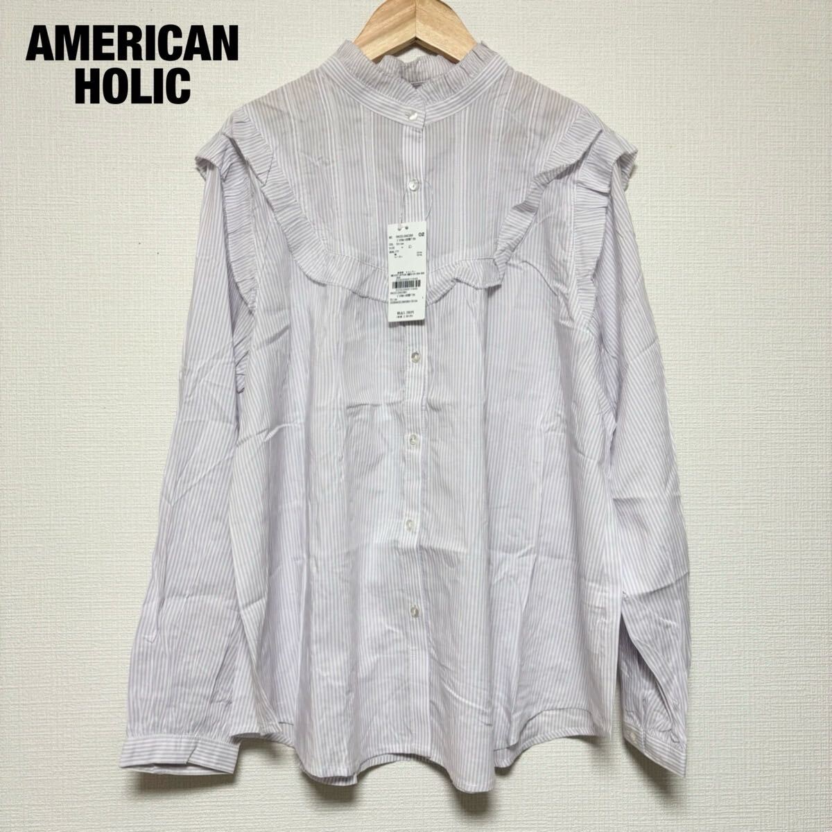 新品 タグ付き 未使用 AMERICAN HOLIC アメリカンホリック ピコフリルレース 切替ブラウス フリル レースブラウス シャツ ストライプ 紫 L拍卖