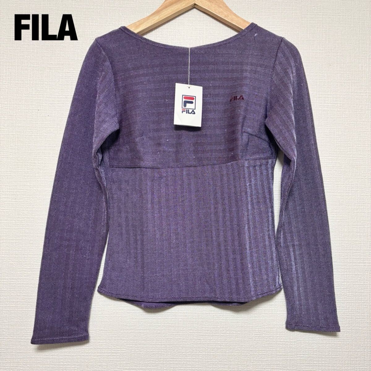 新品 タグ付き 未使用 FILA フィラ レディース 丸首 トップス カットソー 長袖 ロンT ストレッチ 高級感 光沢 細見え スリム パープル 紫 M拍卖
