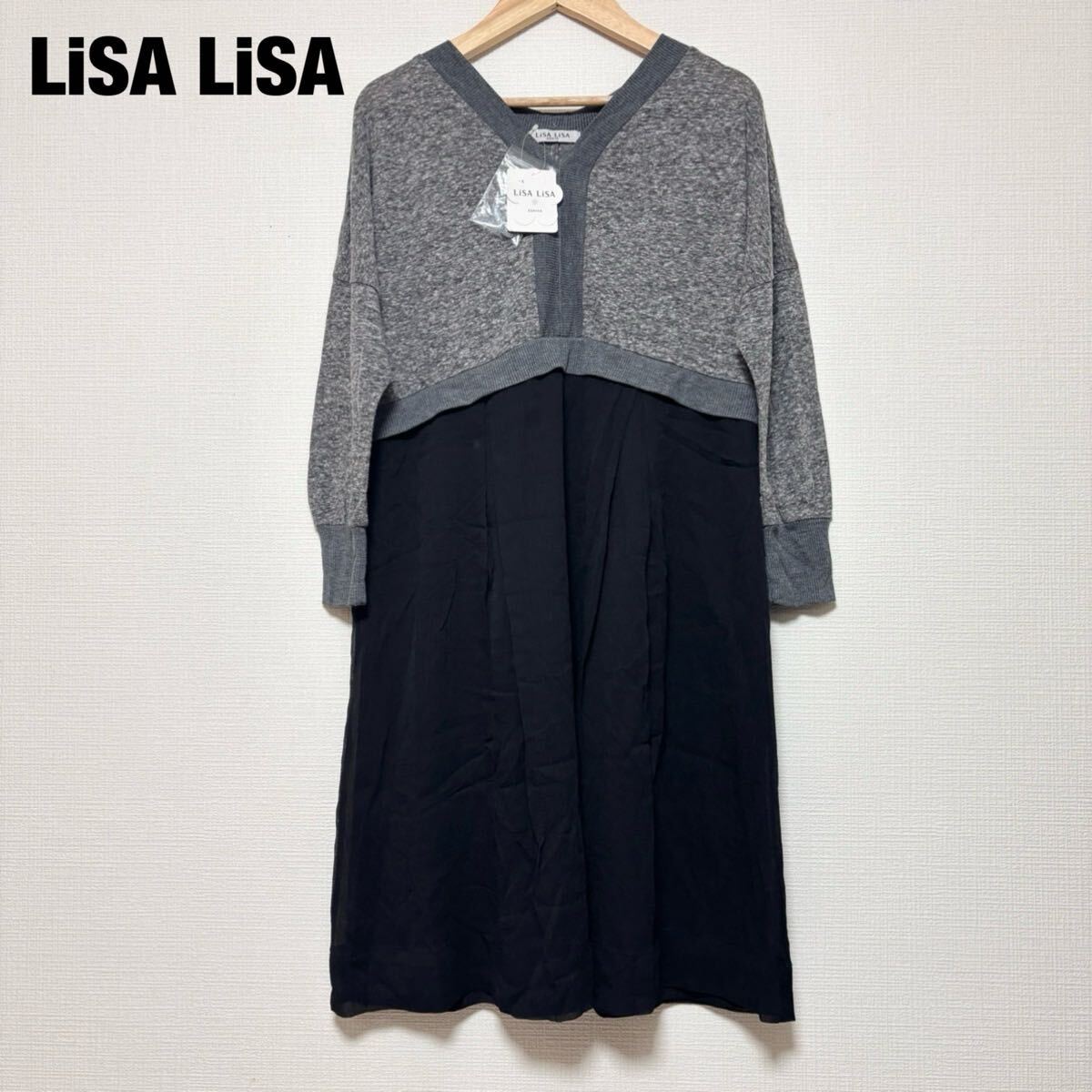 新品 タグ付き 未使用 LiSA LiSA リサリサ ASHIYA レディース ワンピース ロング 麻 長袖 薄手 スカート ボタン グレー ブラック 黒 L拍卖