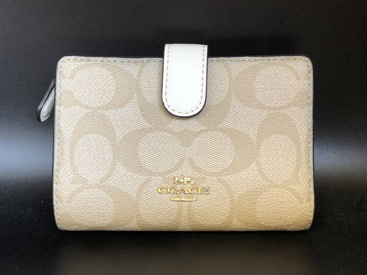 《11330》COACH コーチ 二つ折り 財布 シグネチャー柄 ベージュ系拍卖