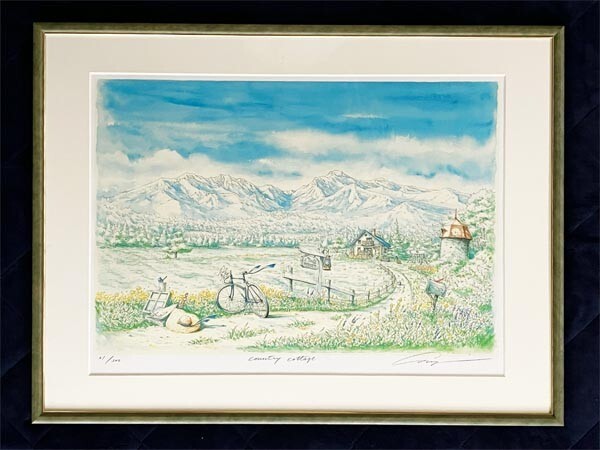 内田新哉●真作●リトグラフ 31/300 直筆サインあり■風景画 タイトル『COUNTRY COTTAGE』■美しい風景画 ヨーロッパ観光地■人気水彩画家拍卖