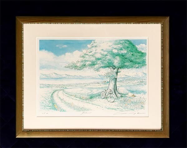 内田新哉●真作●リトグラフ 30/300 直筆サインあり■風景画 大木のある景色 美しい山並み ■ヨーロッパ観光地■人気水彩画家 ※大型作品拍卖