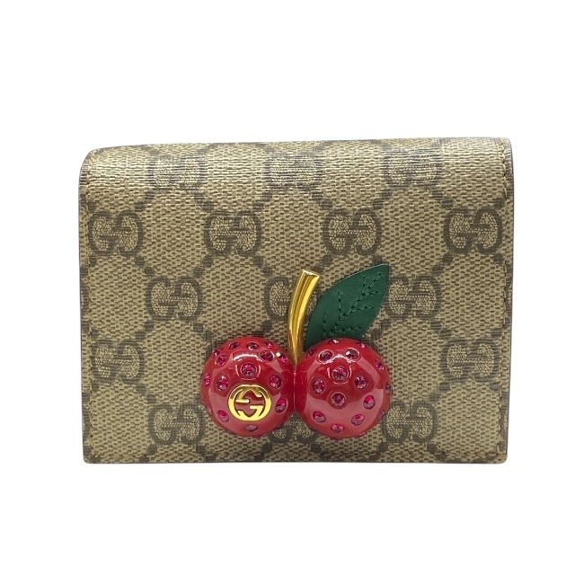 グッチ 476050 GGスプリーム 二つ折り財布 カードケース パスケース 名刺入れ チェリー ラインストーン さくらんぼ キャンバス GUCCI拍卖