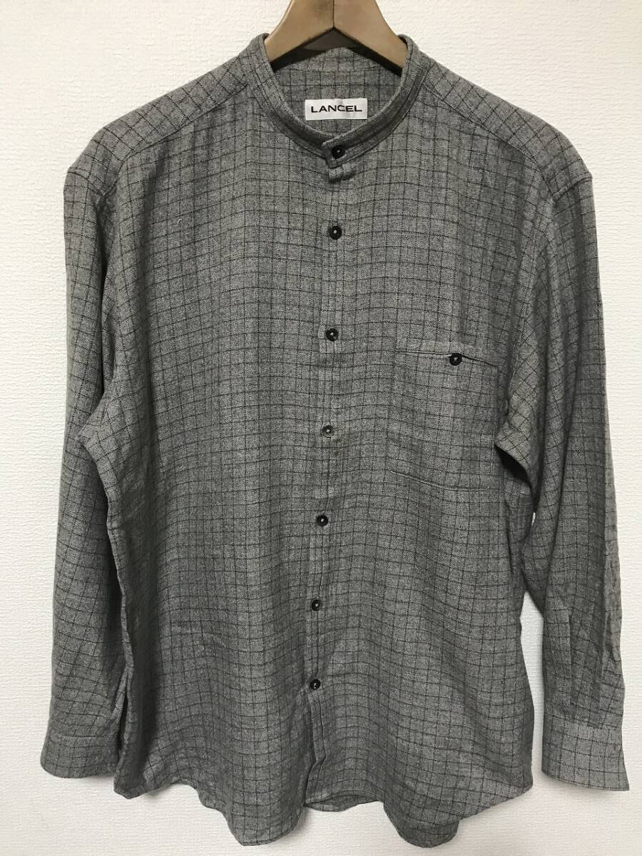送無♪LANCEL ランセル♪丸襟ネルシャツ・グレー系チェック・L拍卖