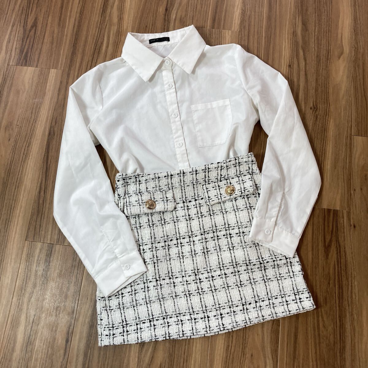 YT3842 SHEIN シーイン 2点セット シンプル長袖シャツ サイズM ツイードスカート ハイウエスト ミニスカート タイト サイズXS 春夏拍卖