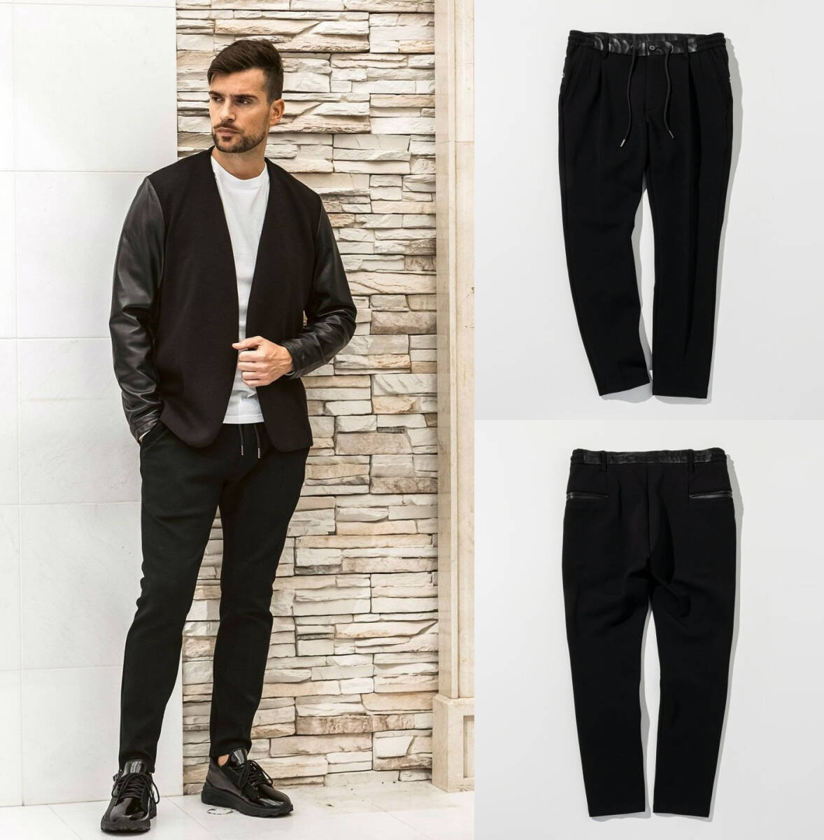 セットアップ可能◆25AW◆1PIU1UGUALE3 RELAX◆レザーコンビネーションスラックス◆USB-25096/黒/ブラック ①◆ウノピゥウノウグァーレトレ拍卖