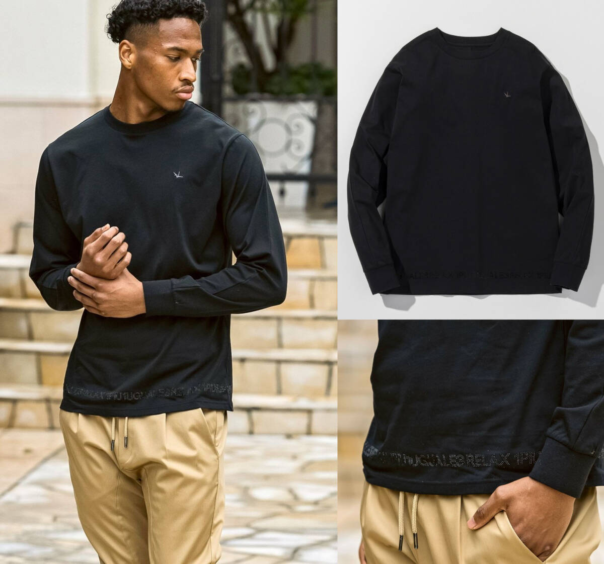 25AW◆1PIU1UGUALE3 RELAX◆ラインストーン付き ロングスリーブTシャツ ロンT◆UST-25089/黒/②◆ウノピゥウノウグァーレトレリラックス拍卖