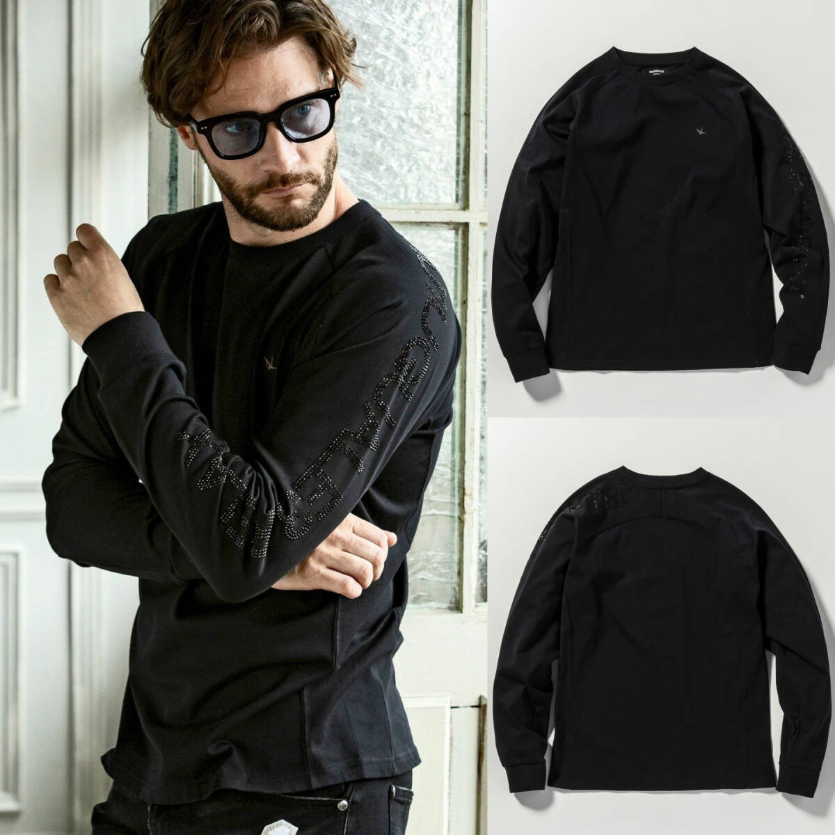 ◆1PIU1UGUALE3 RELAX◆ラインストーンロゴロングスリーブTシャツ ロンT◆UST24087/黒/ブラック◆ウノピゥウノウグァーレトレリラックス拍卖