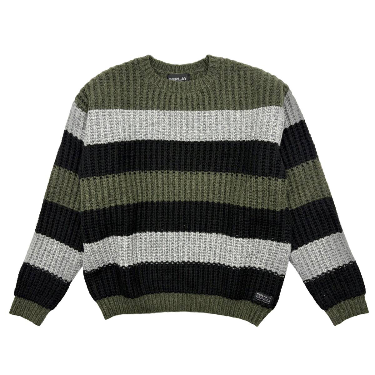 【サイズ選択】新品■定価37800円■REPLAY■ワイドピッチのボーダー柄ニットセーター■中厚ニット■リプレイ■グリーン/カーキ系拍卖