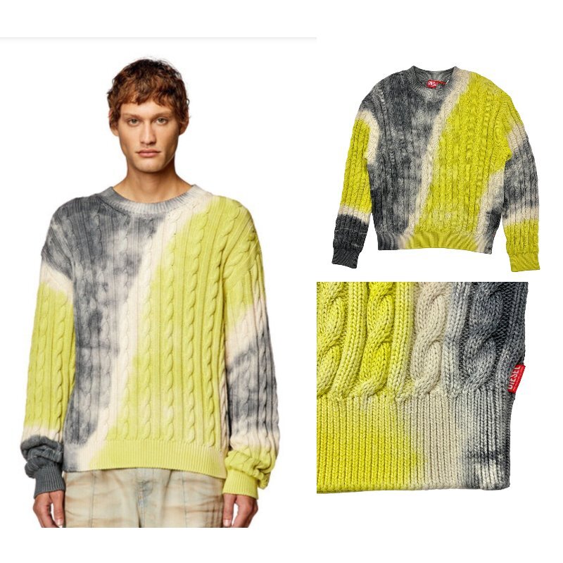 新品◆DIESEL◆定価7万円!イタリア製◆タイダイ柄 中厚ケーブルニットプルオーバー◆ディーゼル◆ケーブルニット イエロー Lサイズ拍卖
