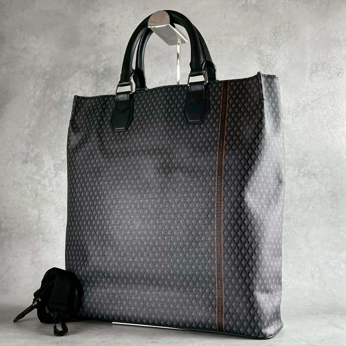 【美品】ダンヒル dunhill 2way メンズ ビジネス トート ハンド ショルダー バッグ エンジンターン 総柄 レザー PVC A4/PC◎ 斜めがけ拍卖