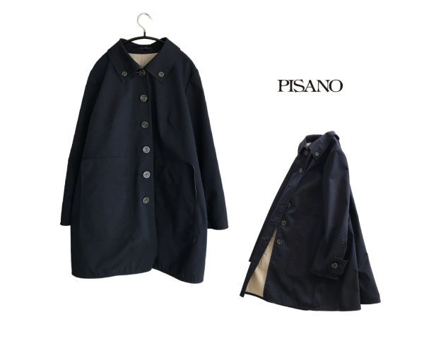 ピサーノ 美品 ステンカラ― コート ボンディング コットン ビッグポケット ダークネイビー PISANO拍卖