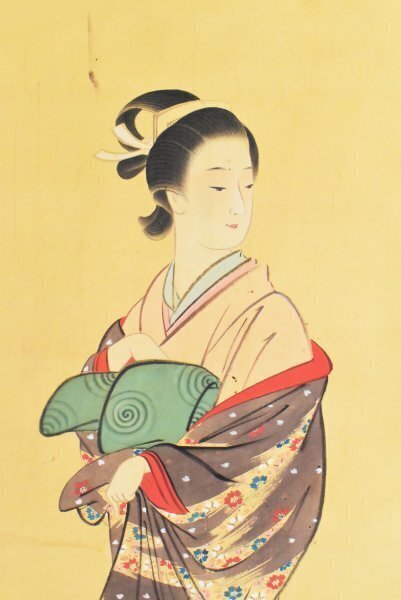 K5300 模写 浦上春圃「美人画」絹本 合箱 浦上春琴師事 花魁 着物美人 江戸時代後期 日本画 中国 骨董 茶掛 掛け軸 古美術 人が書いたもの拍卖