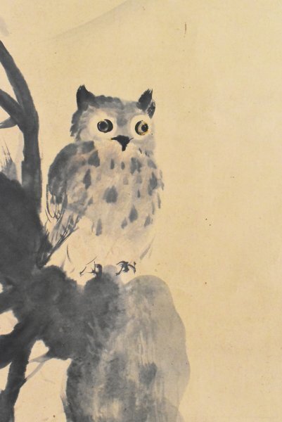 K5993 真作 白崖「三日月に木菟」紙本 肉筆 ミミズク 梟 フクロウ 日本画 中国 書画 絵画 掛軸 掛け軸 茶掛 古美術拍卖