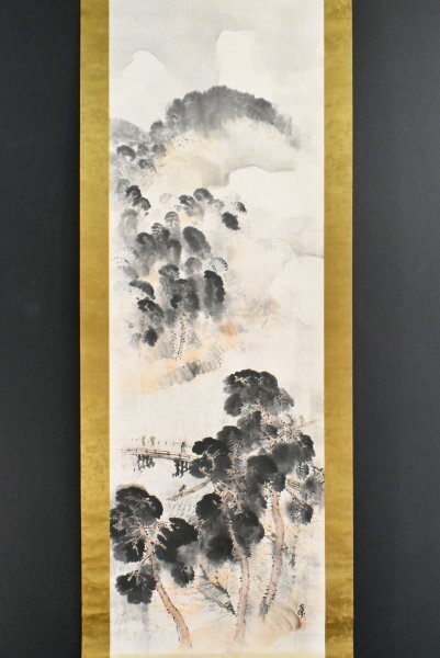 K6083 真作 中村左洲「雨中嵐山」紙本 共箱 肉筆 磯部百鱗師事 山水 中国 日本画 書画 茶掛 絵画 掛軸 掛け軸 古美術 三重 伊勢の人 鯛拍卖