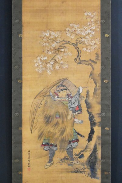 K6448 模写 月岡雪鼎「武者図」絹本 合箱 武将図 桜 日本画 中国 古画 茶掛 掛軸 掛け軸 古美術 人が書いたもの拍卖