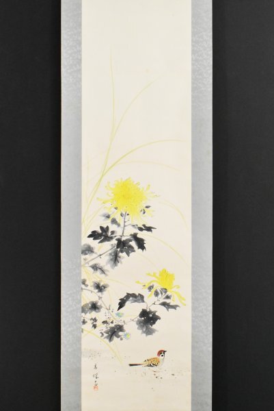 K6477 真作 朝見香城「菊に雀」紙本 共箱 肉筆 西山翠嶂師事 スズメ 中国 日本画 茶掛 絵画 書画 掛軸 掛け軸 古美術 兵庫の人拍卖