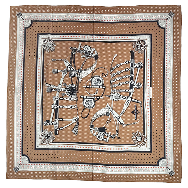 エルメス カレジェアン 140 ショール スカーフ 宮廷の馬具 バンダナ ノワゼット グリペルル 黒 1512拍卖