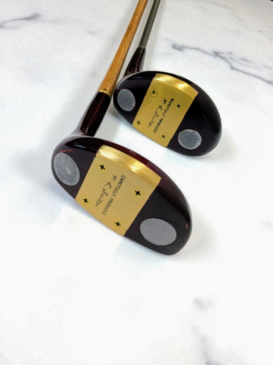 ◇美品◇ K.Saito パーシモンパター 34/35インチ 2本セット 木製ヘッド 真鍮ソール ヒッコリー&カーボンシャフト レザーグリップ拍卖