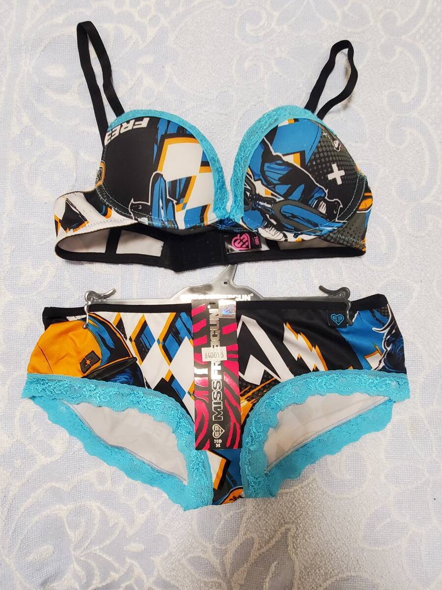 奇抜柄青 ミスフリーガン Miss Freegun ブラ&ショーツセット D70 M 新品未使用 002 専用ハンガー付拍卖