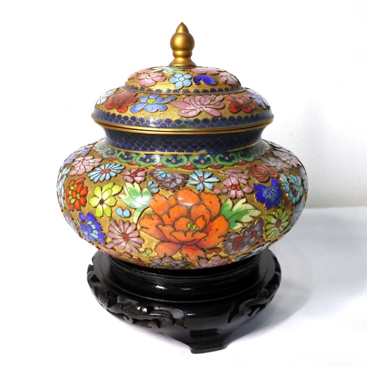 景泰藍 中国七宝 真鍮 銅製 花文 香炉 木製台付き 中国工芸 ヴィンテージ ◆marineblue◆拍卖