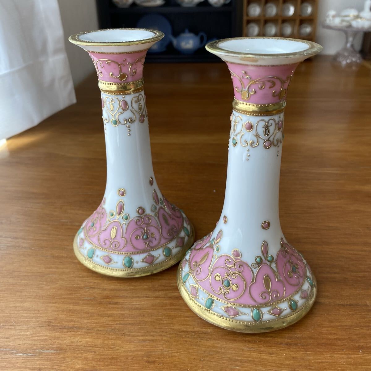 オールドノリタケ キャンドルホルダー 英国里帰り パステルカラーの可愛いエナメルドット拍卖