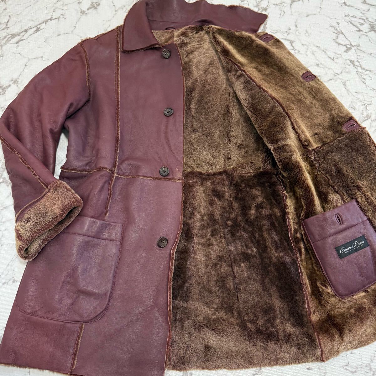 美品/XL/【極上の肌触り】チェスターバリー Chester Barrie コート ボルドー ムートンコート LL ボア ファー 極暖◎ 重厚感 モコモコ 秋冬拍卖