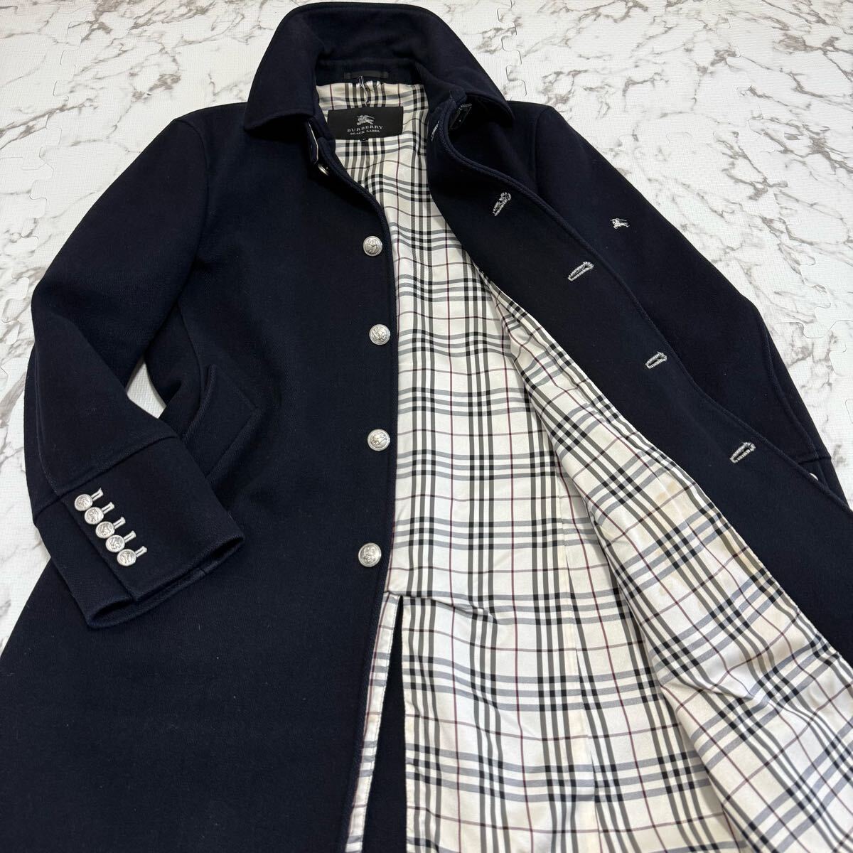 希少/高級 バーバリーブラックレーベル マリンコート ノバチェック 紺 ネイビー メンズ ロング丈 銀ボタン M拍卖