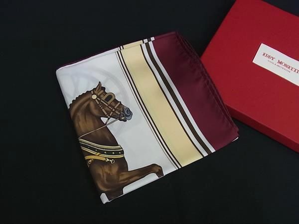 ■新品同様■ EDDY MONETTI エディモネッティ シルク100% 馬車 スカーフ ストール レディース ボルドー系×マルチカラー BJ5709拍卖