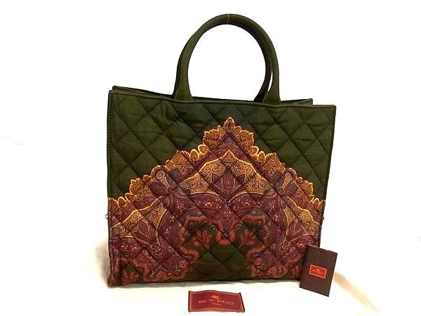 ■極美品■ ETRO エトロ キャンバス ペイズリー柄 トートバッグ ハンドバッグ レディース カーキ系×ブラウン系 FR4949拍卖
