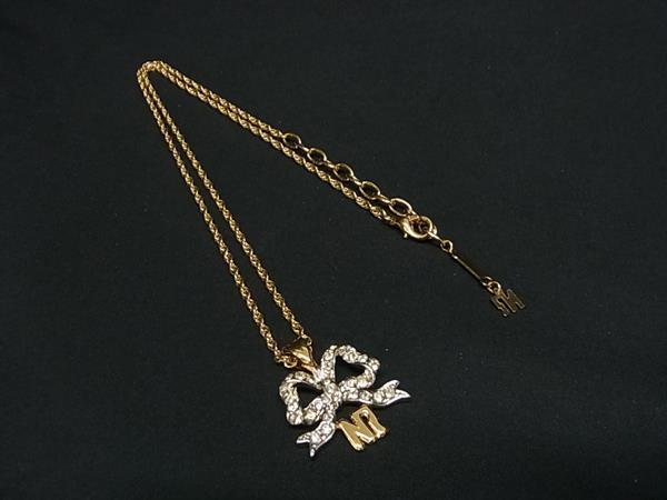 ■極美品■ NINA RICCI ニナリッチ ロゴモチーフ リボン ラインストーン ネックレス ペンダント アクセサリー ゴールド系 DI0600拍卖