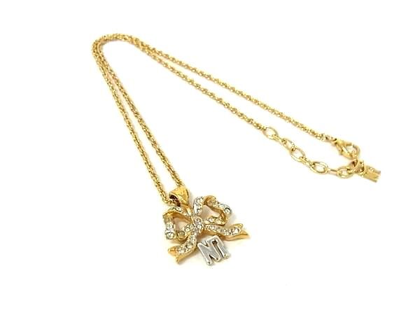 ■美品■ NINA RICCI ニナリッチ リボン ラインストーン ネックレス ペンダント アクセサリー レディース ゴールド系 DI3974拍卖