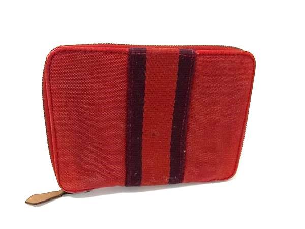 1円 HERMES エルメス フールトゥ パースPM キャンバス シルバー金具 ラウンドファスナー 財布 ウォレット レッド系 BR0650拍卖