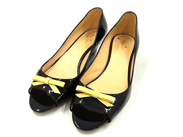 ■美品■ kate spade ケイトスペード パテントレザー リボン ヒール パンプス 表記サイズ 8 (約25.0cm) 靴 ブラック系 DI2353拍卖