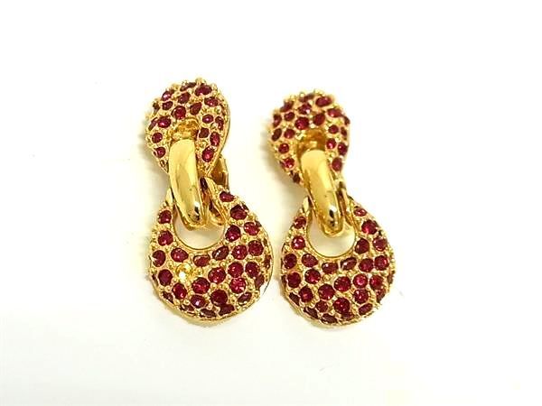 ■美品■ NINA RICCI ニナリッチ カラーストーン クリップ式 イヤリング アクセサリー レディース ゴールド系×レッド系 DI1760拍卖