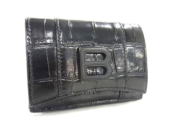 1円 ■美品■ BALENCIAGA バレンシアガ 600212 アワーグラス クロコダイル型押しレザー 三つ折り 財布 ウォレット ブラック系 FV2653拍卖
