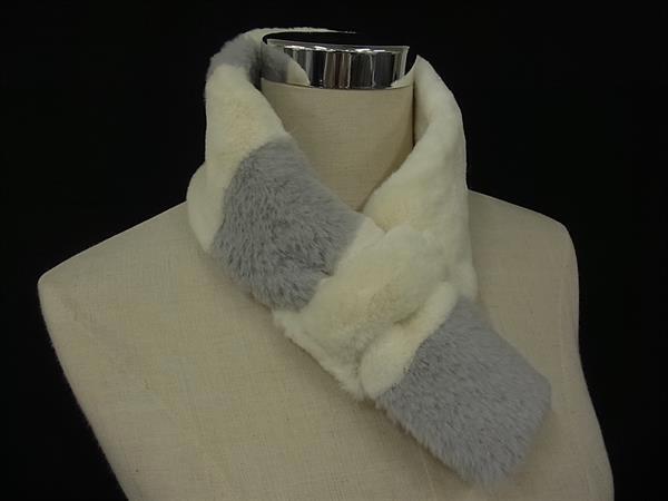 ■新品■未使用■ FURART ファーアート ポリエステル100% ティペット ストール マフラー 防寒具 アイボリー系×グレー系 DG0744拍卖