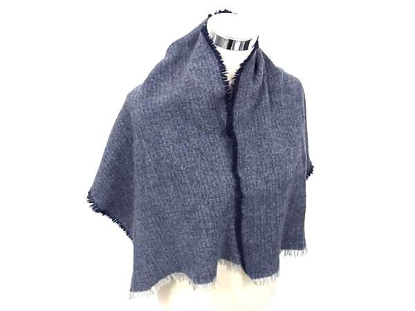 ■美品■ LANVIN ランバン フリンジ マフラー ショール 防寒具 レディース メンズ ネイビー系 DG0866拍卖