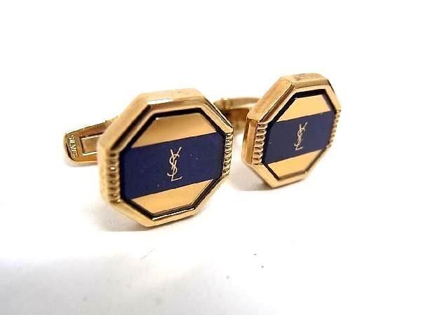 ■美品■ YVESSAINTLAURENT イヴサンローラン ヴィンテージ カフス カフリンクス アクセサリー メンズ ゴールド系×ネイビー系 DD7753拍卖