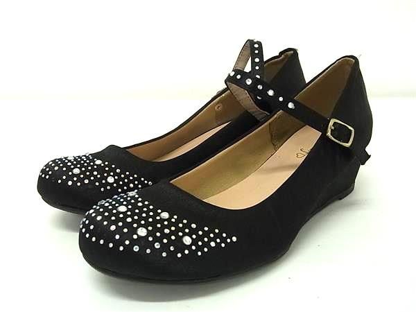 ■美品■Feminine Cafe フェミニンカフェ ナイロン ラインストーン ストラップ ヒール パンプス 表記サイズ 24.0cm ブラック系 DE6048拍卖