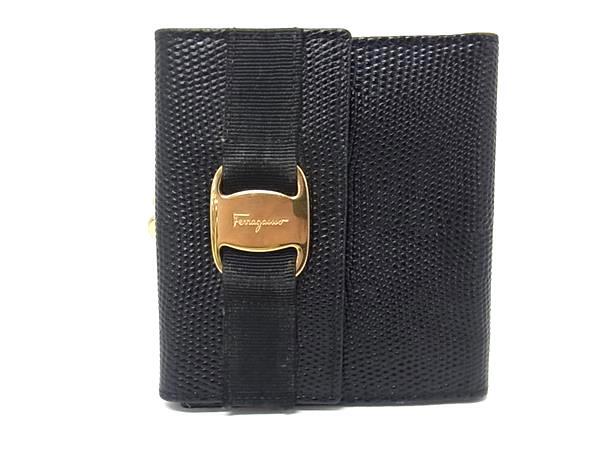 ■美品■ Salvatore Ferragamo フェラガモ ヴァラ リザード型押しレザー 三つ折り 財布 ウォレット ブラック系 DI6649拍卖