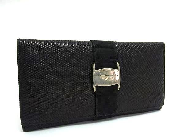 Salvatore Ferragamo フェラガモ ヴァラ リザード型押しレザー 二つ折り 長財布 ウォレット ブラック系 DK0184拍卖