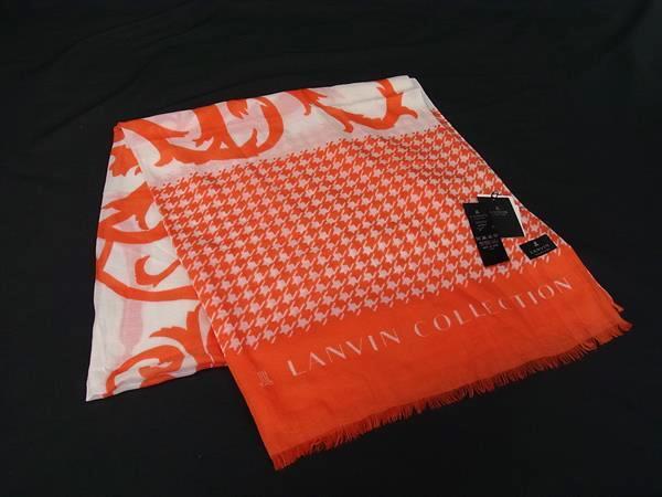 ■新品同様■ LANVIN COLLECTION ランバンコレクション カシミヤ×シルク フリンジ 大判 スカーフ ストール オレンジ系 DJ1370拍卖