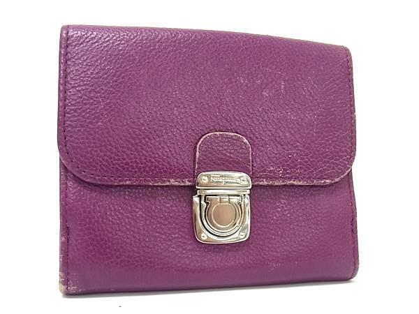 Salvatore Ferragamo フェラガモ ガンチーニ レザー 二つ折り 財布 ウォレット 札入れ 小銭入れ カード入れ パープル系 DK5957拍卖