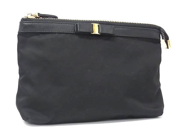 Salvatore Ferragamo フェラガモ AU-22/B060 ヴァラリボン ナイロン×レザー マルチポーチ 小物入れ 化粧ポーチ ブラック系 DK5514拍卖