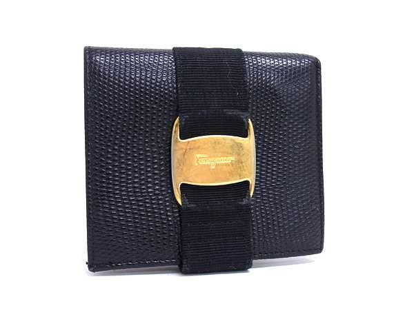 Salvatore Ferragamo フェラガモ ヴァラ リザード型押しレザー 二つ折り 財布 ウォレット 札入れ 小銭入れ カード入れ ブラック系 DK5704拍卖