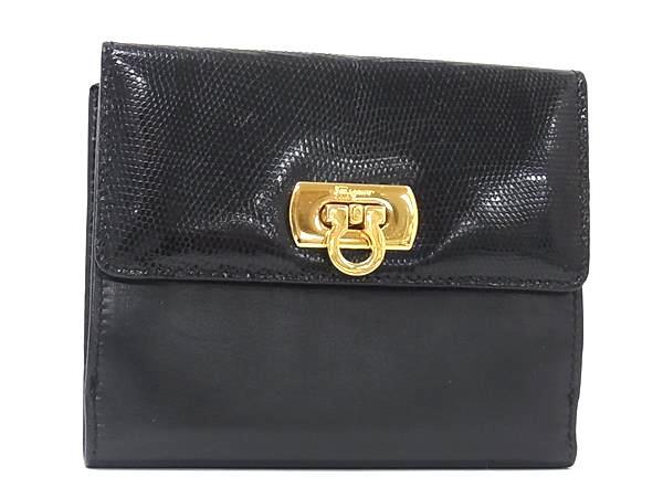 ■美品■ Salvatore Ferragamo フェラガモ ガンチーニ リザード型押しレザー×レザー 二つ折り 財布 ウォレット ブラック系 DK5830拍卖