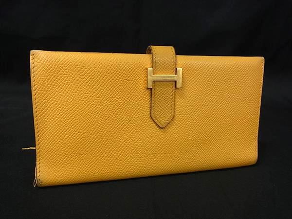 1円 HERMES エルメス ベアン クラシック ヴォーエプソン ゴールド金具 二つ折り 長財布 ウォレット □O刻印 イエロー系 BS1190拍卖