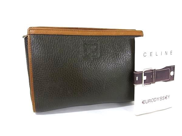 1円 ■美品■ CELINE セリーヌ マカダム レザー ポーチ マルチケース 小物入れ メンズ カーキ系×ブラウン系 BQ2304拍卖