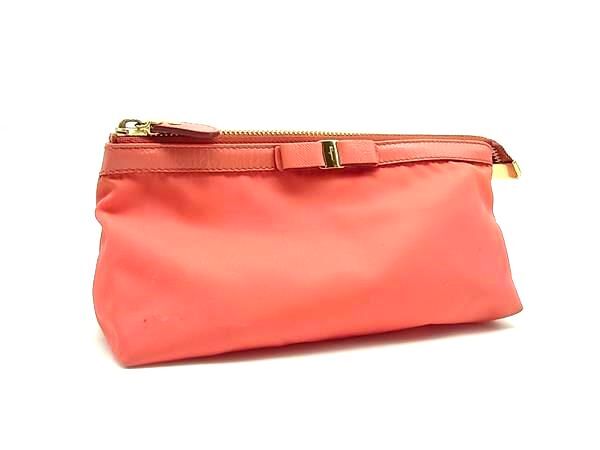 Salvatore Ferragamo フェラガモ ヴァラリボン ナイロン×レザー マルチケース ポーチ 小物入れ レディース コーラルピンク系 DJ6130拍卖
